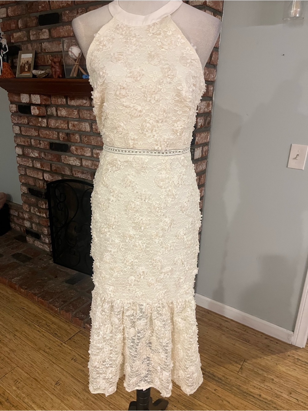 Gigi James NWT $395 Halter Lace Midi Dress with Beaded Waist - Ivory